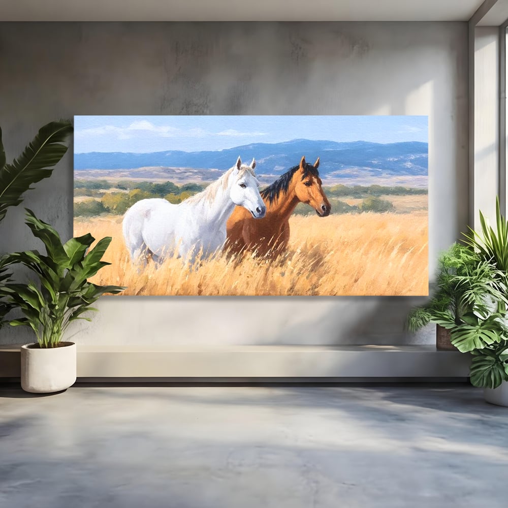 Tablou Canvas Premium, LuxCanva® M1358, Povestea Campiei, Pereche, Cai, Alb, Maro, Peisaj, Natura, Lumina, Stepa, Priveliste, Rural, Armonie, Birou, Living, Camera Copil