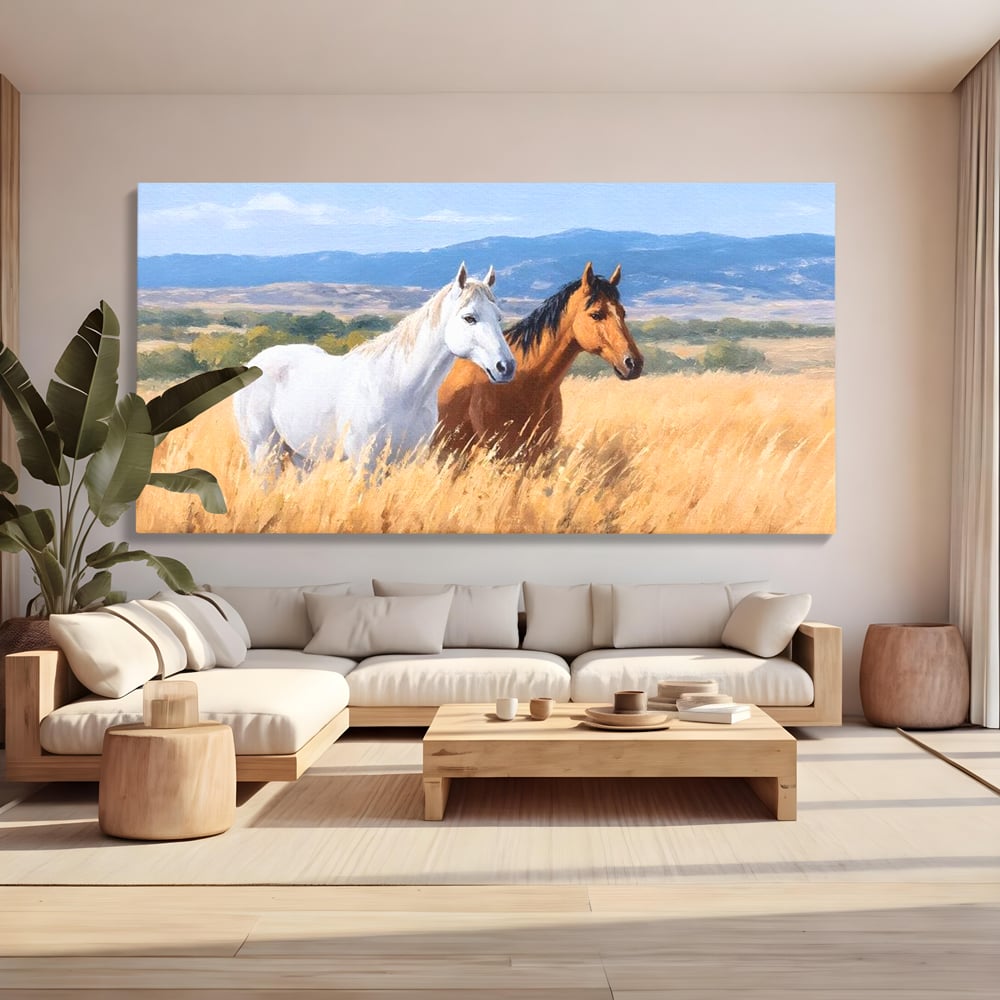 Tablou Canvas Premium, LuxCanva® M1358, Povestea Campiei, Pereche, Cai, Alb, Maro, Peisaj, Natura, Lumina, Stepa, Priveliste, Rural, Armonie, Birou, Living, Camera Copil