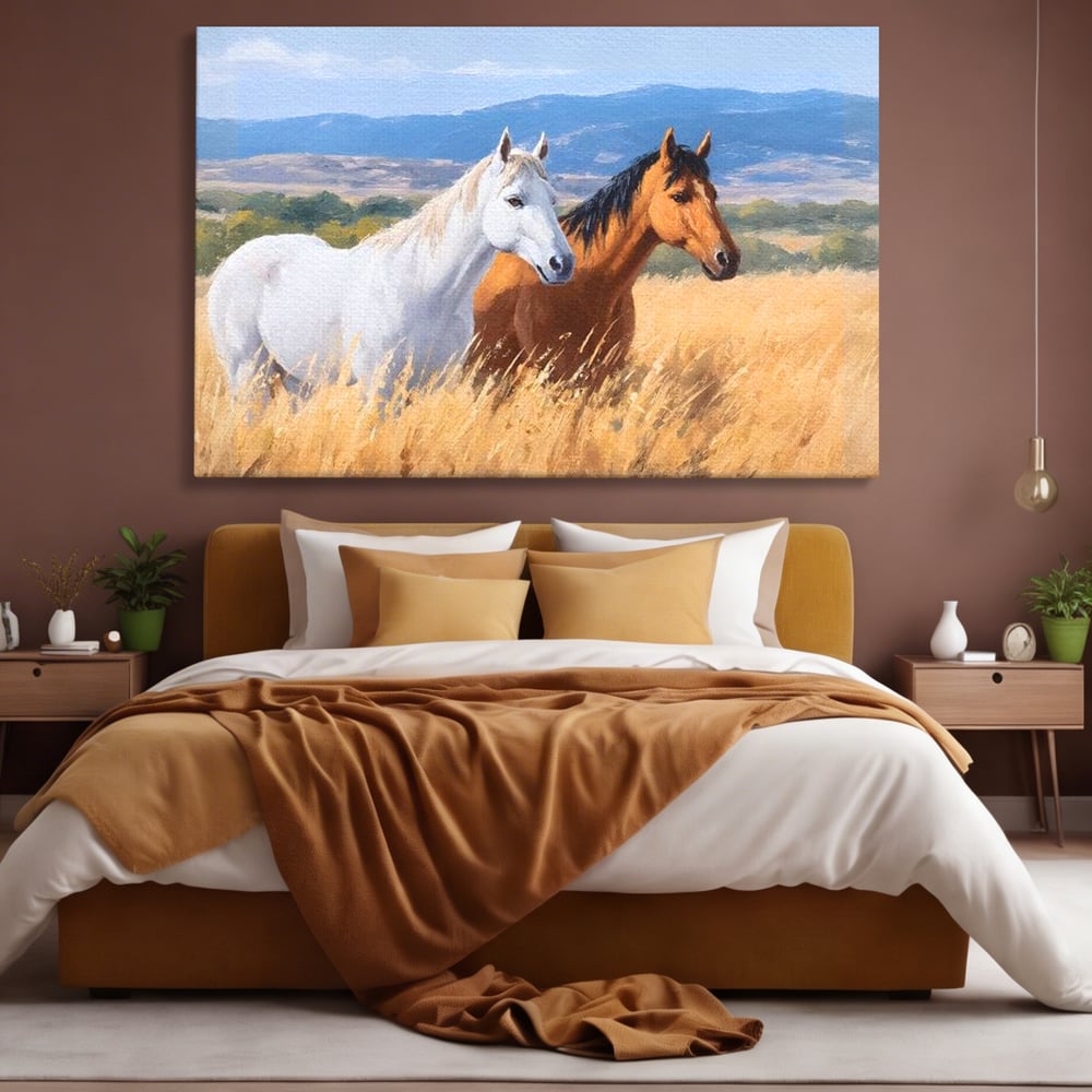 Tablou Canvas Premium, LuxCanva® M1358, Povestea Campiei, Pereche, Cai, Alb, Maro, Peisaj, Natura, Lumina, Stepa, Priveliste, Rural, Armonie, Birou, Living, Camera Copil