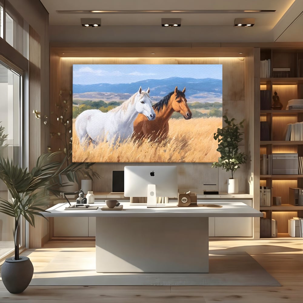 Tablou Canvas Premium, LuxCanva® M1358, Povestea Campiei, Pereche, Cai, Alb, Maro, Peisaj, Natura, Lumina, Stepa, Priveliste, Rural, Armonie, Birou, Living, Camera Copil