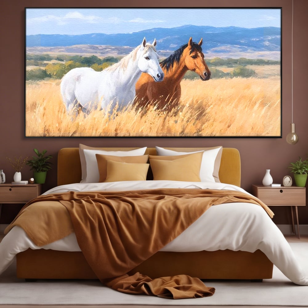 Tablou Canvas Premium, LuxCanva® M1358, Povestea Campiei, Pereche, Cai, Alb, Maro, Peisaj, Natura, Lumina, Stepa, Priveliste, Rural, Armonie, Birou, Living, Camera Copil