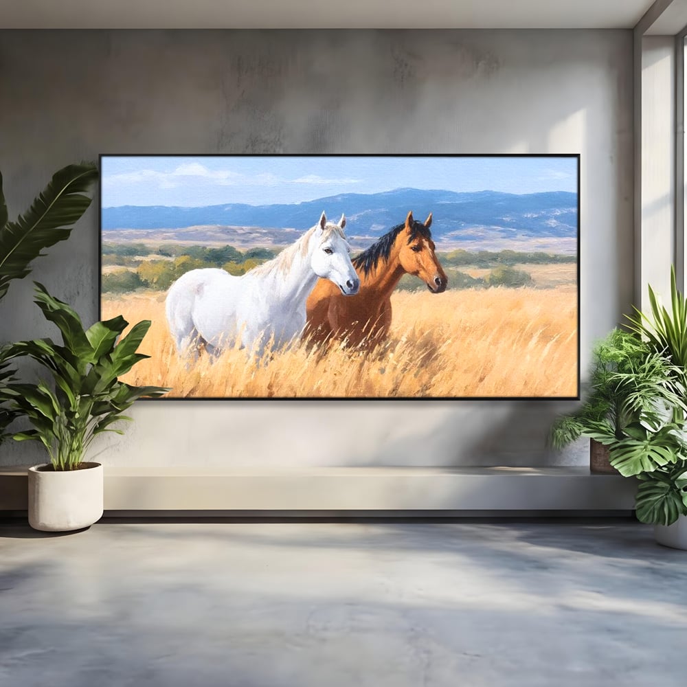 Tablou Canvas Premium, LuxCanva® M1358, Povestea Campiei, Pereche, Cai, Alb, Maro, Peisaj, Natura, Lumina, Stepa, Priveliste, Rural, Armonie, Birou, Living, Camera Copil