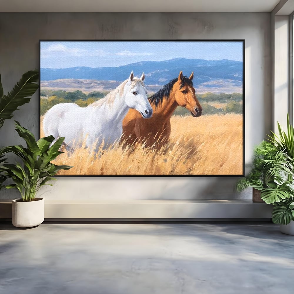 Tablou Canvas Premium, LuxCanva® M1358, Povestea Campiei, Pereche, Cai, Alb, Maro, Peisaj, Natura, Lumina, Stepa, Priveliste, Rural, Armonie, Birou, Living, Camera Copil