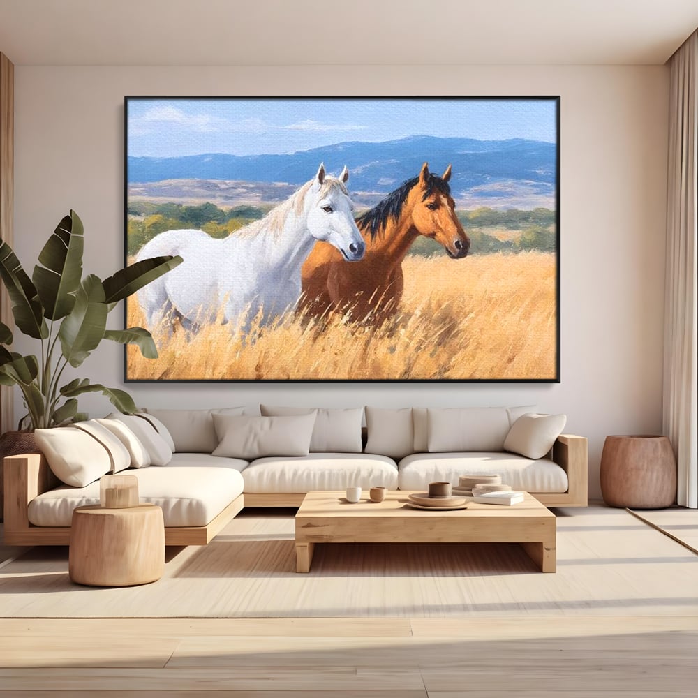 Tablou Canvas Premium, LuxCanva® M1358, Povestea Campiei, Pereche, Cai, Alb, Maro, Peisaj, Natura, Lumina, Stepa, Priveliste, Rural, Armonie, Birou, Living, Camera Copil