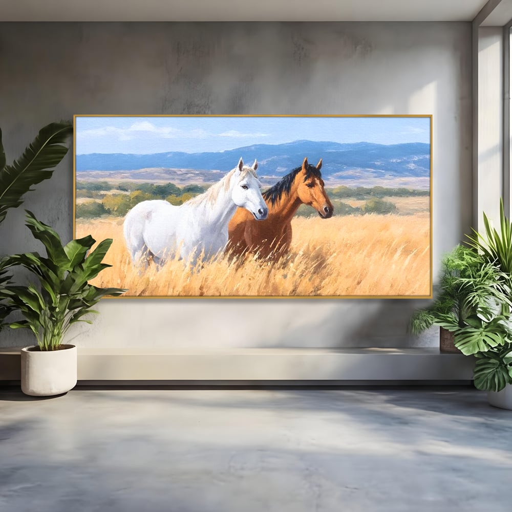 Tablou Canvas Premium, LuxCanva® M1358, Povestea Campiei, Pereche, Cai, Alb, Maro, Peisaj, Natura, Lumina, Stepa, Priveliste, Rural, Armonie, Birou, Living, Camera Copil