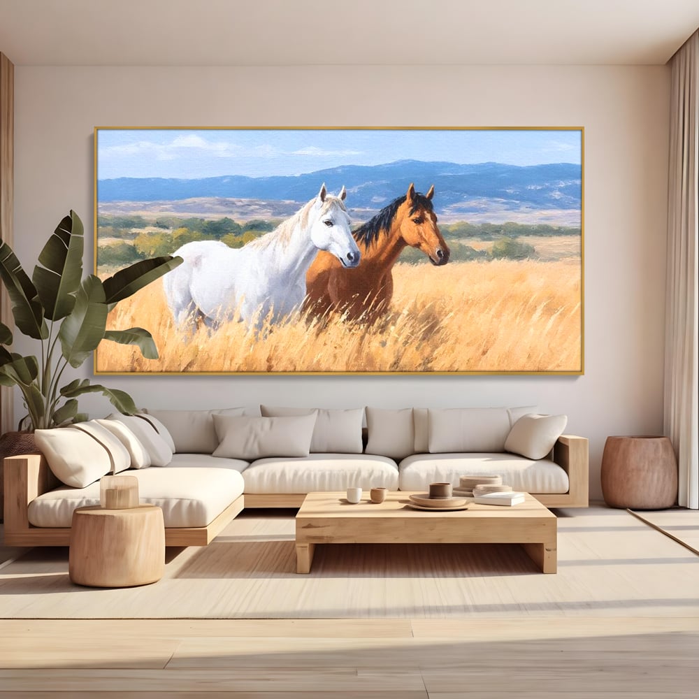 Tablou Canvas Premium, LuxCanva® M1358, Povestea Campiei, Pereche, Cai, Alb, Maro, Peisaj, Natura, Lumina, Stepa, Priveliste, Rural, Armonie, Birou, Living, Camera Copil