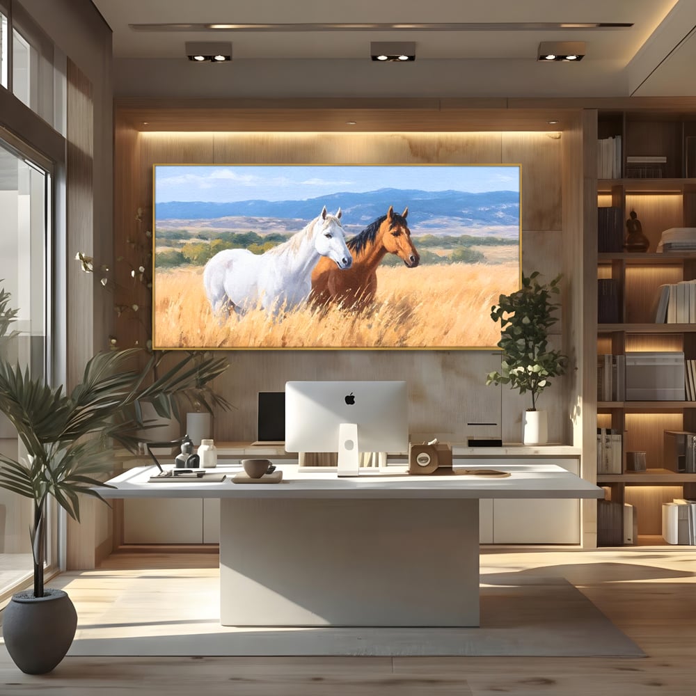 Tablou Canvas Premium, LuxCanva® M1358, Povestea Campiei, Pereche, Cai, Alb, Maro, Peisaj, Natura, Lumina, Stepa, Priveliste, Rural, Armonie, Birou, Living, Camera Copil