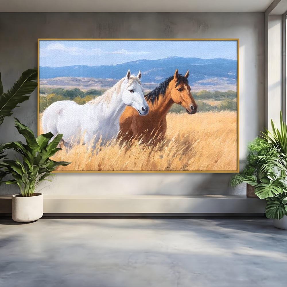 Tablou Canvas Premium, LuxCanva® M1358, Povestea Campiei, Pereche, Cai, Alb, Maro, Peisaj, Natura, Lumina, Stepa, Priveliste, Rural, Armonie, Birou, Living, Camera Copil
