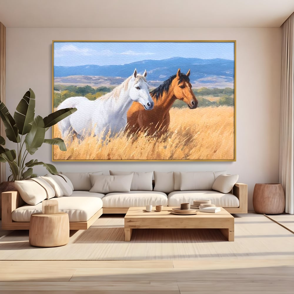 Tablou Canvas Premium, LuxCanva® M1358, Povestea Campiei, Pereche, Cai, Alb, Maro, Peisaj, Natura, Lumina, Stepa, Priveliste, Rural, Armonie, Birou, Living, Camera Copil