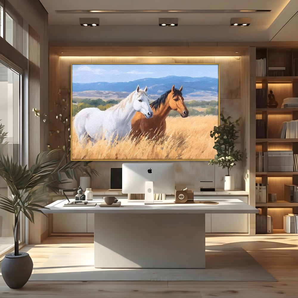 Tablou Canvas Premium, LuxCanva® M1358, Povestea Campiei, Pereche, Cai, Alb, Maro, Peisaj, Natura, Lumina, Stepa, Priveliste, Rural, Armonie, Birou, Living, Camera Copil