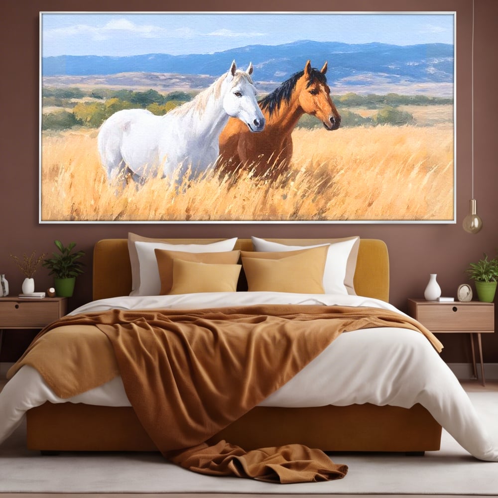 Tablou Canvas Premium, LuxCanva® M1358, Povestea Campiei, Pereche, Cai, Alb, Maro, Peisaj, Natura, Lumina, Stepa, Priveliste, Rural, Armonie, Birou, Living, Camera Copil