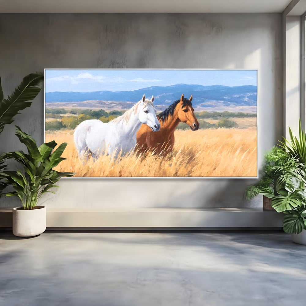 Tablou Canvas Premium, LuxCanva® M1358, Povestea Campiei, Pereche, Cai, Alb, Maro, Peisaj, Natura, Lumina, Stepa, Priveliste, Rural, Armonie, Birou, Living, Camera Copil
