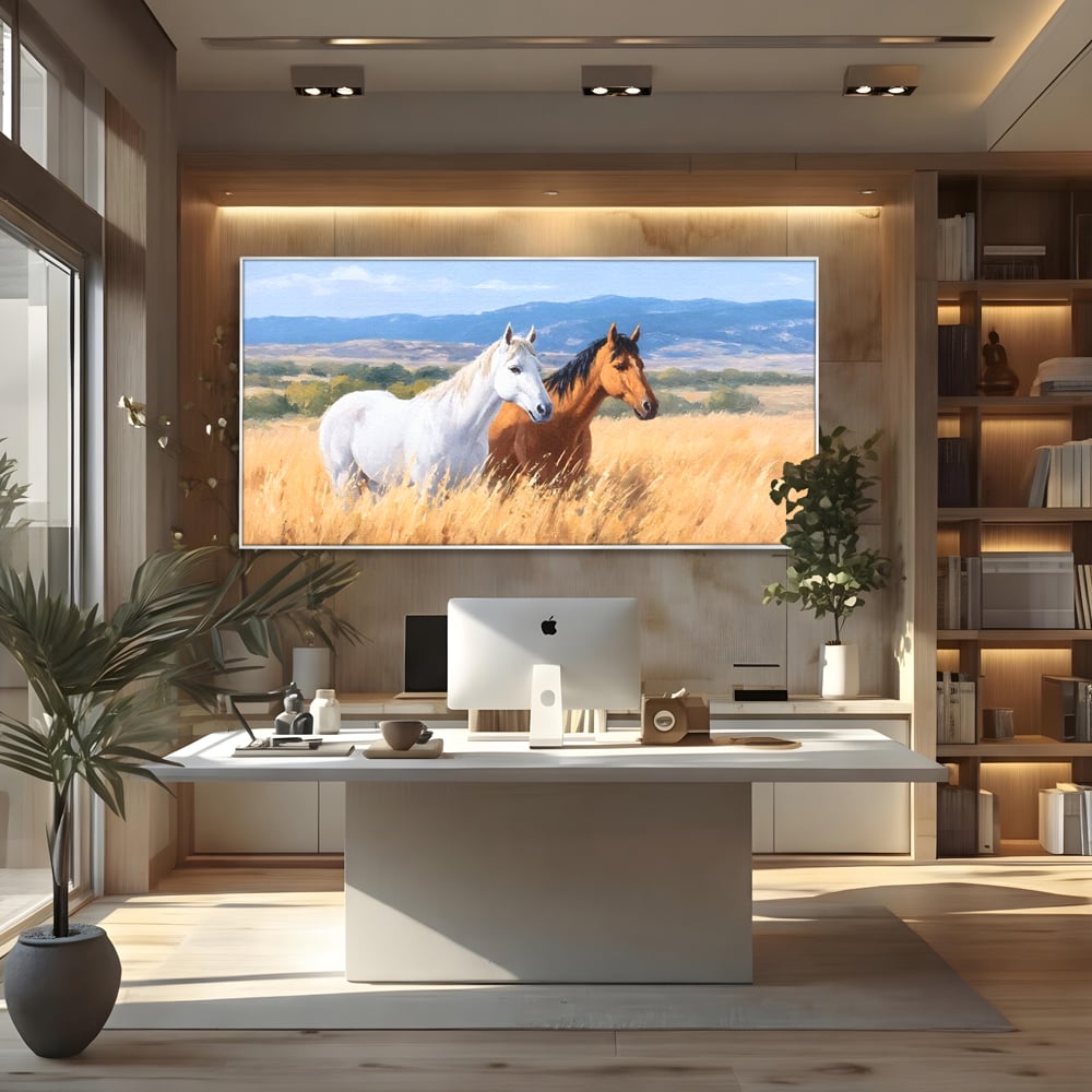 Tablou Canvas Premium, LuxCanva® M1358, Povestea Campiei, Pereche, Cai, Alb, Maro, Peisaj, Natura, Lumina, Stepa, Priveliste, Rural, Armonie, Birou, Living, Camera Copil