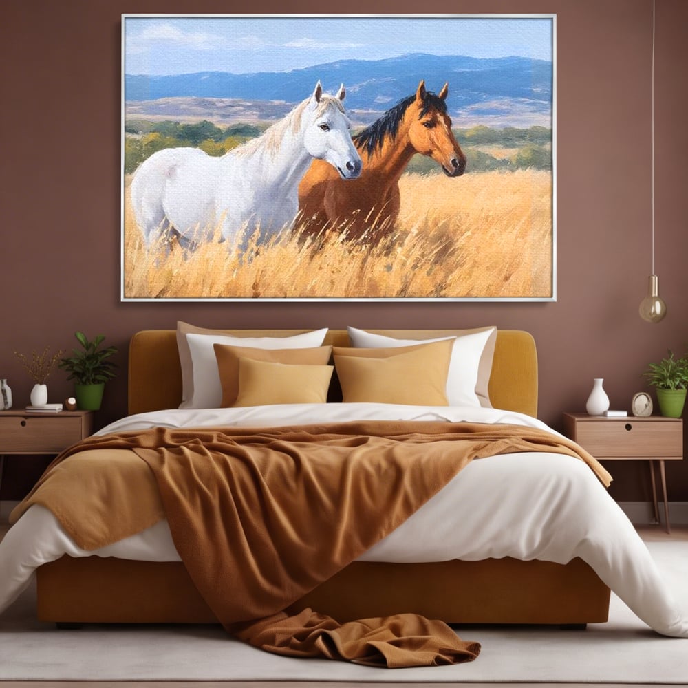 Tablou Canvas Premium, LuxCanva® M1358, Povestea Campiei, Pereche, Cai, Alb, Maro, Peisaj, Natura, Lumina, Stepa, Priveliste, Rural, Armonie, Birou, Living, Camera Copil