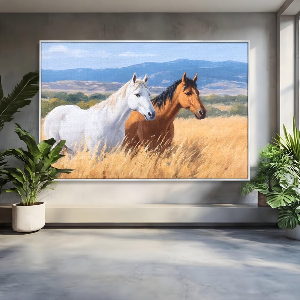 Tablou Canvas Premium, LuxCanva® M1358, Povestea Campiei, Pereche, Cai, Alb, Maro, Peisaj, Natura, Lumina, Stepa, Priveliste, Rural, Armonie, Birou, Living, Camera Copil