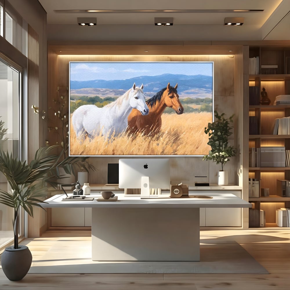 Tablou Canvas Premium, LuxCanva® M1358, Povestea Campiei, Pereche, Cai, Alb, Maro, Peisaj, Natura, Lumina, Stepa, Priveliste, Rural, Armonie, Birou, Living, Camera Copil
