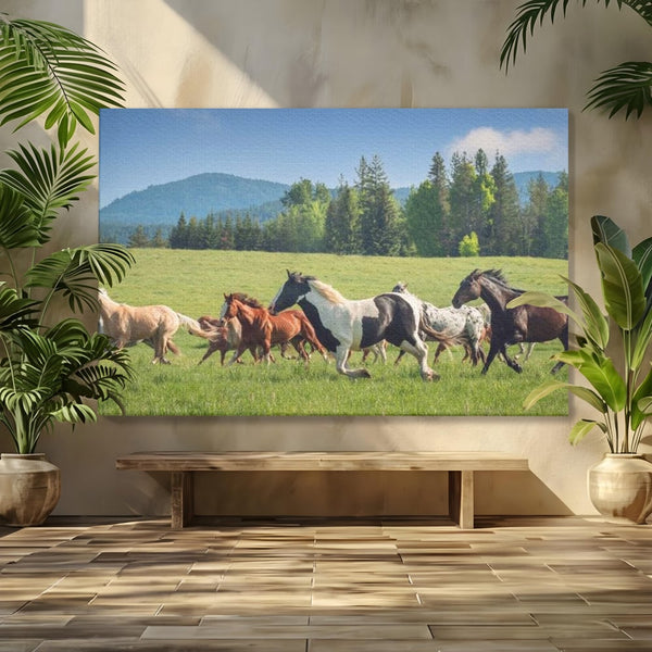 Leinwand Wandkunst Canvas Wall Art Premium, LuxCanva® M1359, Galopp im Sommerwind, Wiese, Natur, Bäume, Natur, Bäume, gesehen, Gras, Wild, Bewegung, Gruppe, Pferde, Geschwindigkeit, Landschaft, Büro, Wohnen, Wohnzimmer, Kinderzimmer