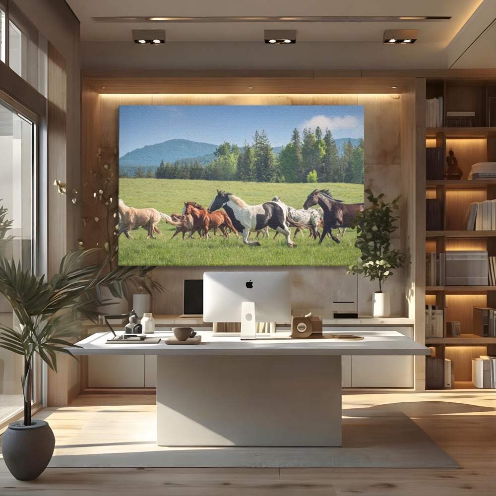 Leinwand Wandkunst Canvas Wall Art Premium, LuxCanva® M1359, Galopp im Sommerwind, Wiese, Natur, Bäume, Natur, Bäume, gesehen, Gras, Wild, Bewegung, Gruppe, Pferde, Geschwindigkeit, Landschaft, Büro, Wohnen, Wohnzimmer, Kinderzimmer