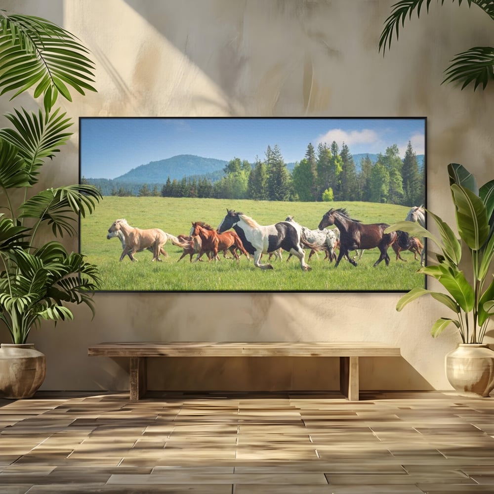 Leinwand Wandkunst Canvas Wall Art Premium, LuxCanva® M1359, Galopp im Sommerwind, Wiese, Natur, Bäume, Natur, Bäume, gesehen, Gras, Wild, Bewegung, Gruppe, Pferde, Geschwindigkeit, Landschaft, Büro, Wohnen, Wohnzimmer, Kinderzimmer