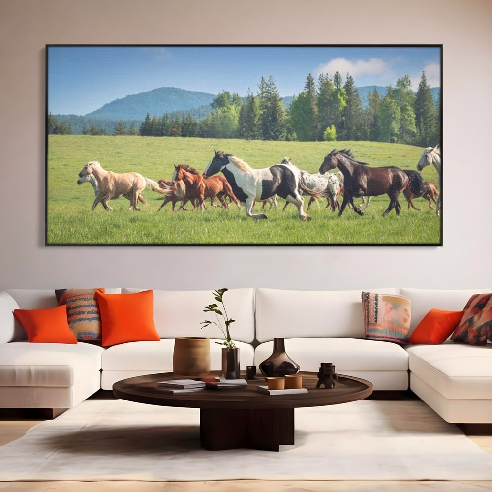 Leinwand Wandkunst Canvas Wall Art Premium, LuxCanva® M1359, Galopp im Sommerwind, Wiese, Natur, Bäume, Natur, Bäume, gesehen, Gras, Wild, Bewegung, Gruppe, Pferde, Geschwindigkeit, Landschaft, Büro, Wohnen, Wohnzimmer, Kinderzimmer