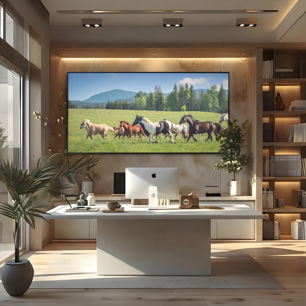 Leinwand Wandkunst Canvas Wall Art Premium, LuxCanva® M1359, Galopp im Sommerwind, Wiese, Natur, Bäume, Natur, Bäume, gesehen, Gras, Wild, Bewegung, Gruppe, Pferde, Geschwindigkeit, Landschaft, Büro, Wohnen, Wohnzimmer, Kinderzimmer