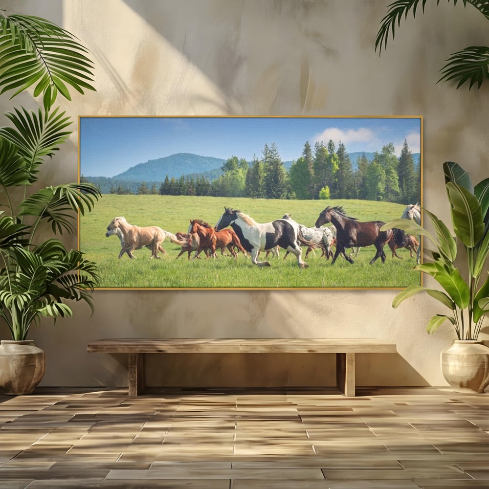 Leinwand Wandkunst Canvas Wall Art Premium, LuxCanva® M1359, Galopp im Sommerwind, Wiese, Natur, Bäume, Natur, Bäume, gesehen, Gras, Wild, Bewegung, Gruppe, Pferde, Geschwindigkeit, Landschaft, Büro, Wohnen, Wohnzimmer, Kinderzimmer