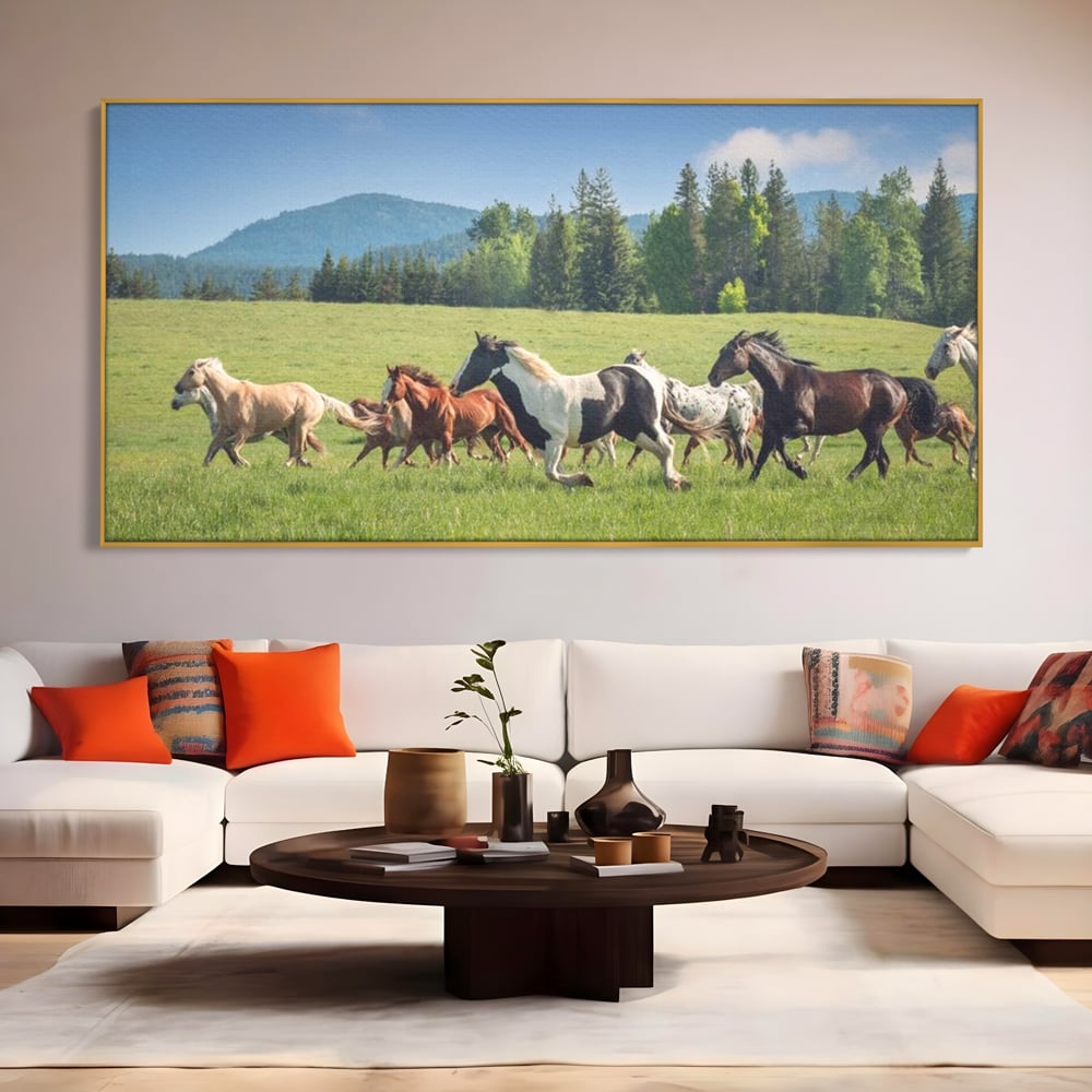 Leinwand Wandkunst Canvas Wall Art Premium, LuxCanva® M1359, Galopp im Sommerwind, Wiese, Natur, Bäume, Natur, Bäume, gesehen, Gras, Wild, Bewegung, Gruppe, Pferde, Geschwindigkeit, Landschaft, Büro, Wohnen, Wohnzimmer, Kinderzimmer