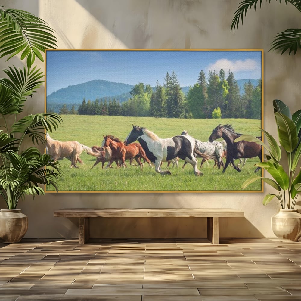 Leinwand Wandkunst Canvas Wall Art Premium, LuxCanva® M1359, Galopp im Sommerwind, Wiese, Natur, Bäume, Natur, Bäume, gesehen, Gras, Wild, Bewegung, Gruppe, Pferde, Geschwindigkeit, Landschaft, Büro, Wohnen, Wohnzimmer, Kinderzimmer