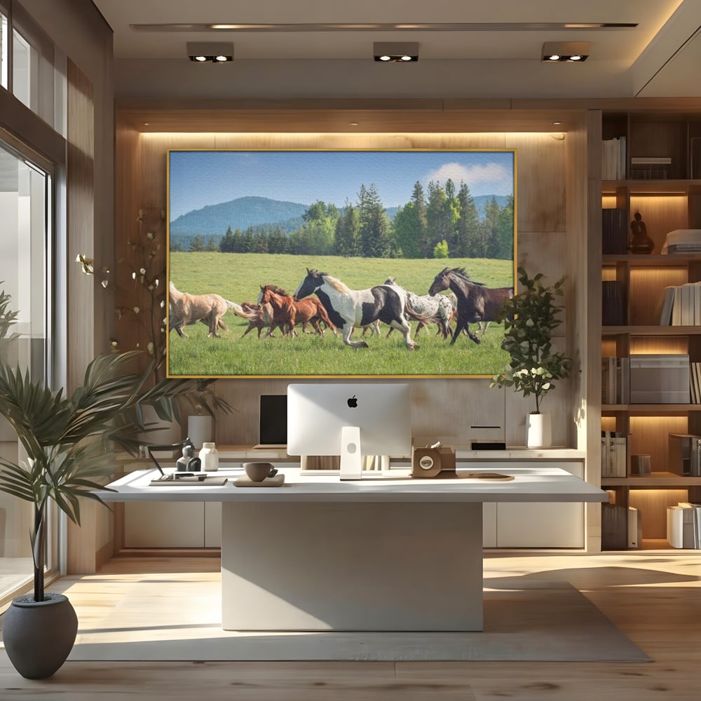 Leinwand Wandkunst Canvas Wall Art Premium, LuxCanva® M1359, Galopp im Sommerwind, Wiese, Natur, Bäume, Natur, Bäume, gesehen, Gras, Wild, Bewegung, Gruppe, Pferde, Geschwindigkeit, Landschaft, Büro, Wohnen, Wohnzimmer, Kinderzimmer