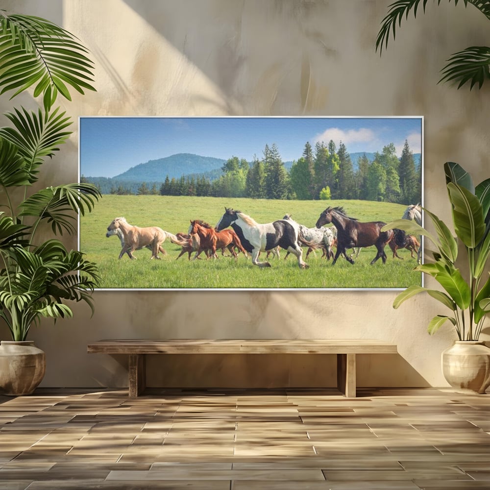 Leinwand Wandkunst Canvas Wall Art Premium, LuxCanva® M1359, Galopp im Sommerwind, Wiese, Natur, Bäume, Natur, Bäume, gesehen, Gras, Wild, Bewegung, Gruppe, Pferde, Geschwindigkeit, Landschaft, Büro, Wohnen, Wohnzimmer, Kinderzimmer