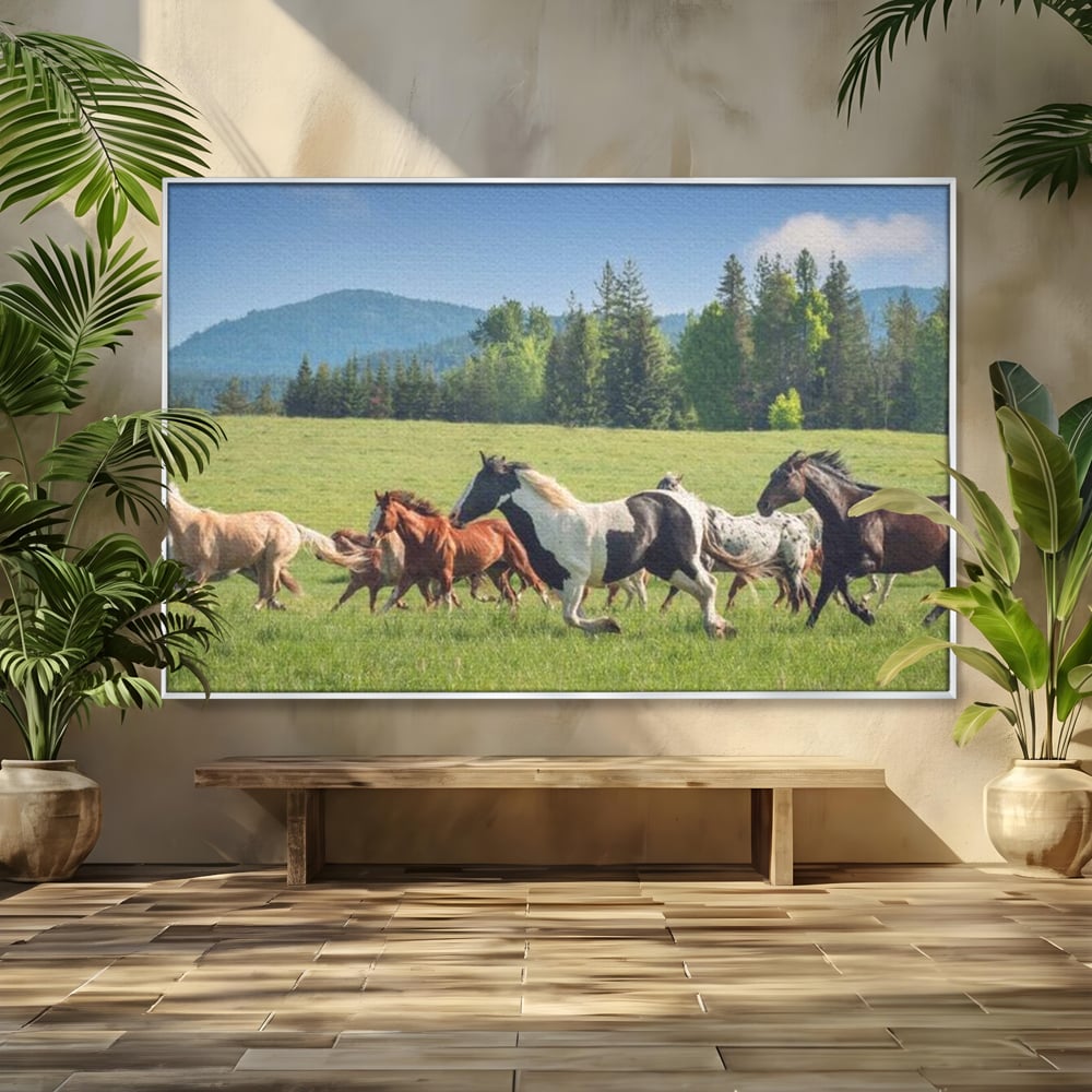 Leinwand Wandkunst Canvas Wall Art Premium, LuxCanva® M1359, Galopp im Sommerwind, Wiese, Natur, Bäume, Natur, Bäume, gesehen, Gras, Wild, Bewegung, Gruppe, Pferde, Geschwindigkeit, Landschaft, Büro, Wohnen, Wohnzimmer, Kinderzimmer