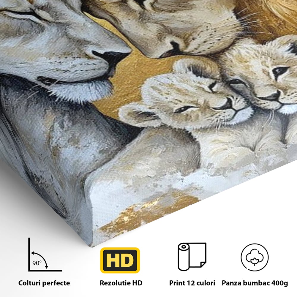 Leinwandbilder Premium, LuxCanva® M1360, Ewige Bindung, Familie, Löwen, Huhn, Liebe, Zärtlichkeit, Schutz, Dynastie, Tiere, Geschwister, königlich, golden, königlich, Malerei, Büro, Wohnen, Kinderzimmer