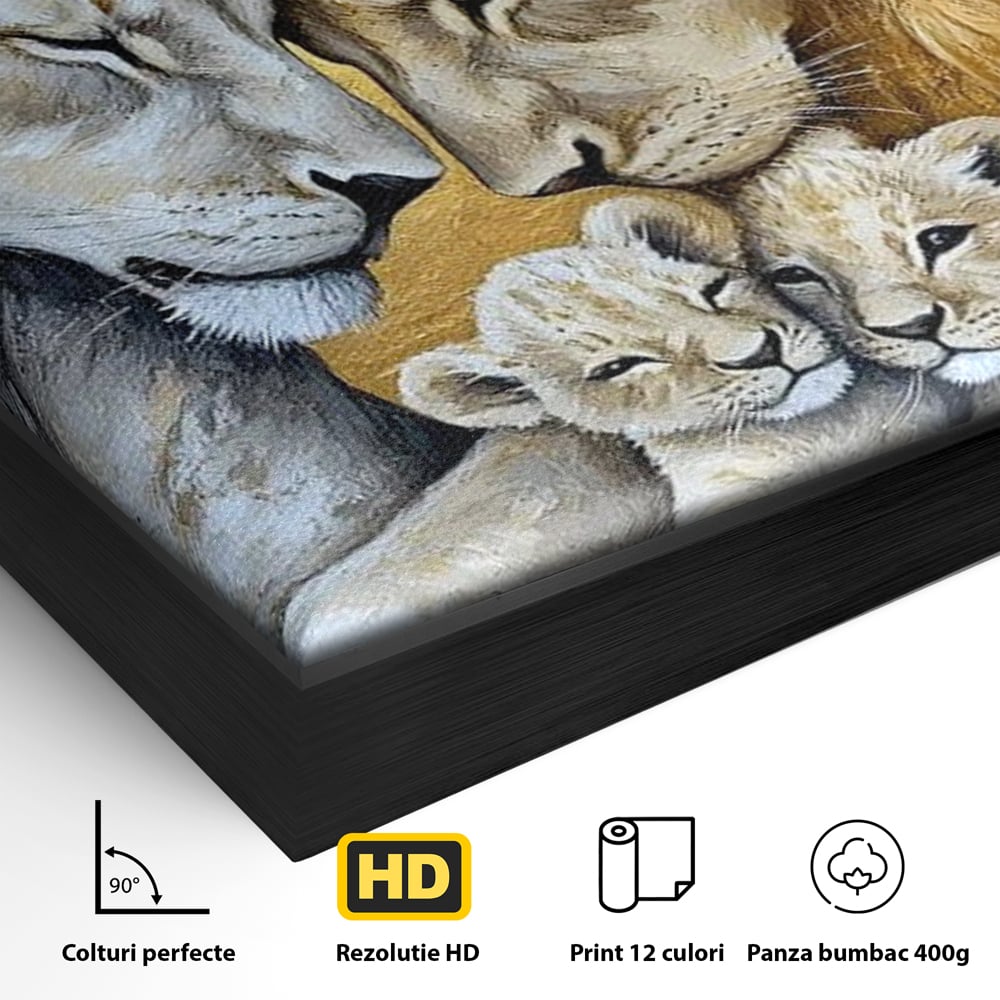 Leinwandbilder Premium, LuxCanva® M1360, Ewige Bindung, Familie, Löwen, Huhn, Liebe, Zärtlichkeit, Schutz, Dynastie, Tiere, Geschwister, königlich, golden, königlich, Malerei, Büro, Wohnen, Kinderzimmer