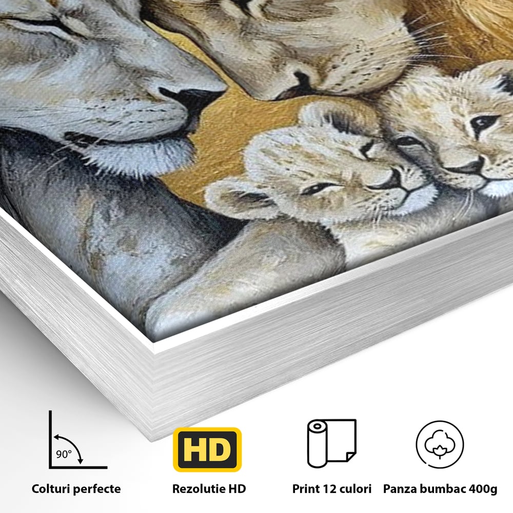 Leinwandbilder Premium, LuxCanva® M1360, Ewige Bindung, Familie, Löwen, Huhn, Liebe, Zärtlichkeit, Schutz, Dynastie, Tiere, Geschwister, königlich, golden, königlich, Malerei, Büro, Wohnen, Kinderzimmer