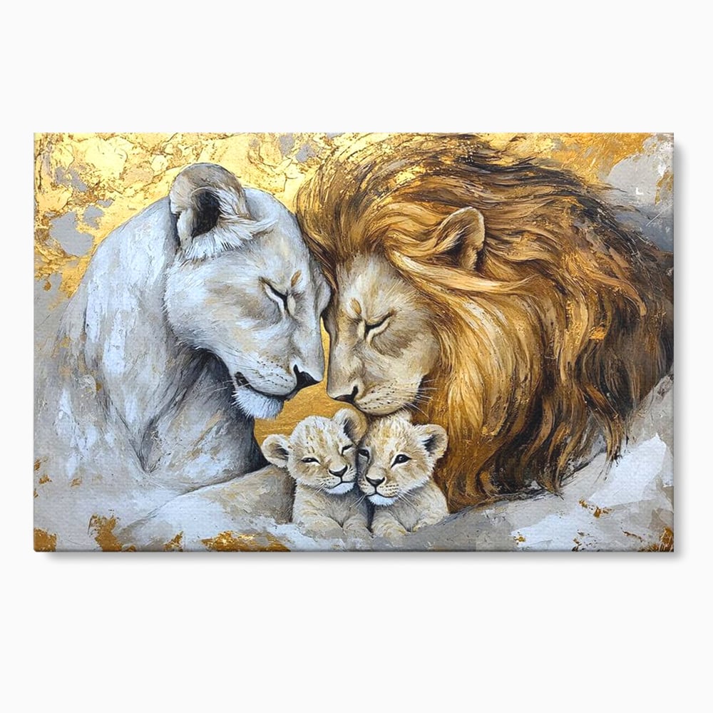 Leinwandbilder Premium, LuxCanva® M1360, Ewige Bindung, Familie, Löwen, Huhn, Liebe, Zärtlichkeit, Schutz, Dynastie, Tiere, Geschwister, königlich, golden, königlich, Malerei, Büro, Wohnen, Kinderzimmer