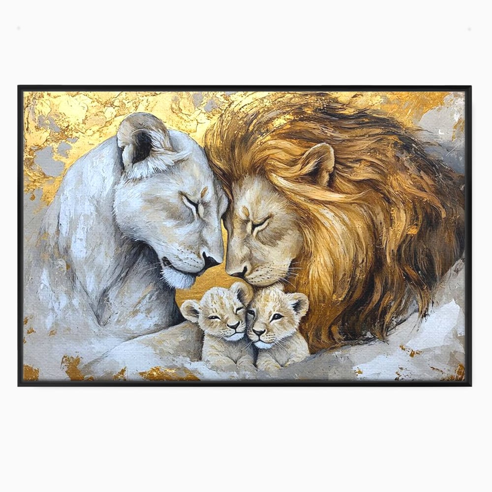 Leinwandbilder Premium, LuxCanva® M1360, Ewige Bindung, Familie, Löwen, Huhn, Liebe, Zärtlichkeit, Schutz, Dynastie, Tiere, Geschwister, königlich, golden, königlich, Malerei, Büro, Wohnen, Kinderzimmer