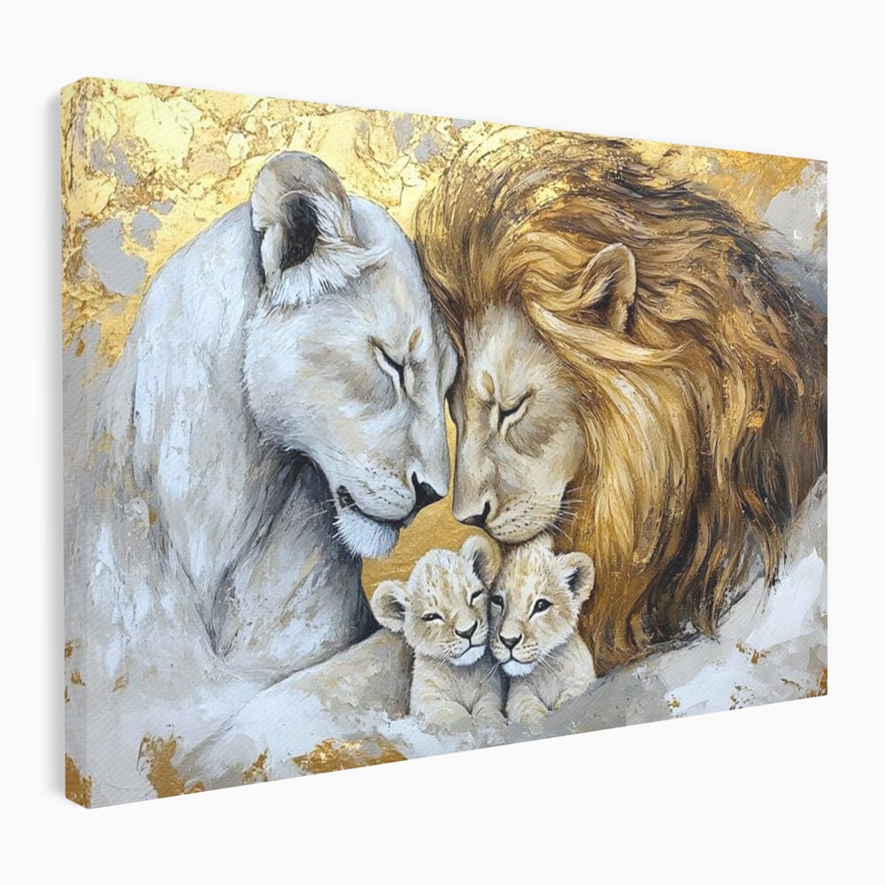 Leinwandbilder Premium, LuxCanva® M1360, Ewige Bindung, Familie, Löwen, Huhn, Liebe, Zärtlichkeit, Schutz, Dynastie, Tiere, Geschwister, königlich, golden, königlich, Malerei, Büro, Wohnen, Kinderzimmer