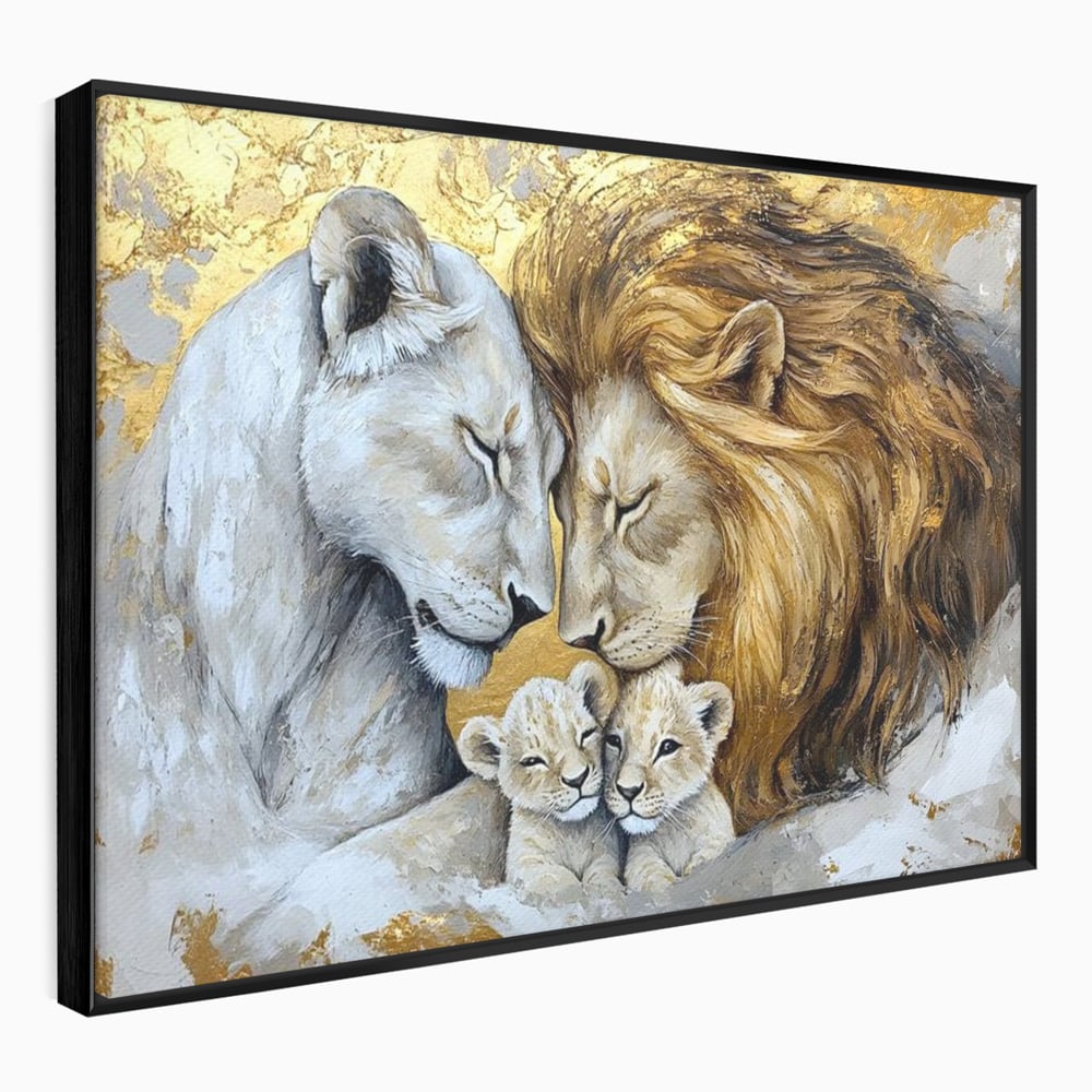 Leinwandbilder Premium, LuxCanva® M1360, Ewige Bindung, Familie, Löwen, Huhn, Liebe, Zärtlichkeit, Schutz, Dynastie, Tiere, Geschwister, königlich, golden, königlich, Malerei, Büro, Wohnen, Kinderzimmer