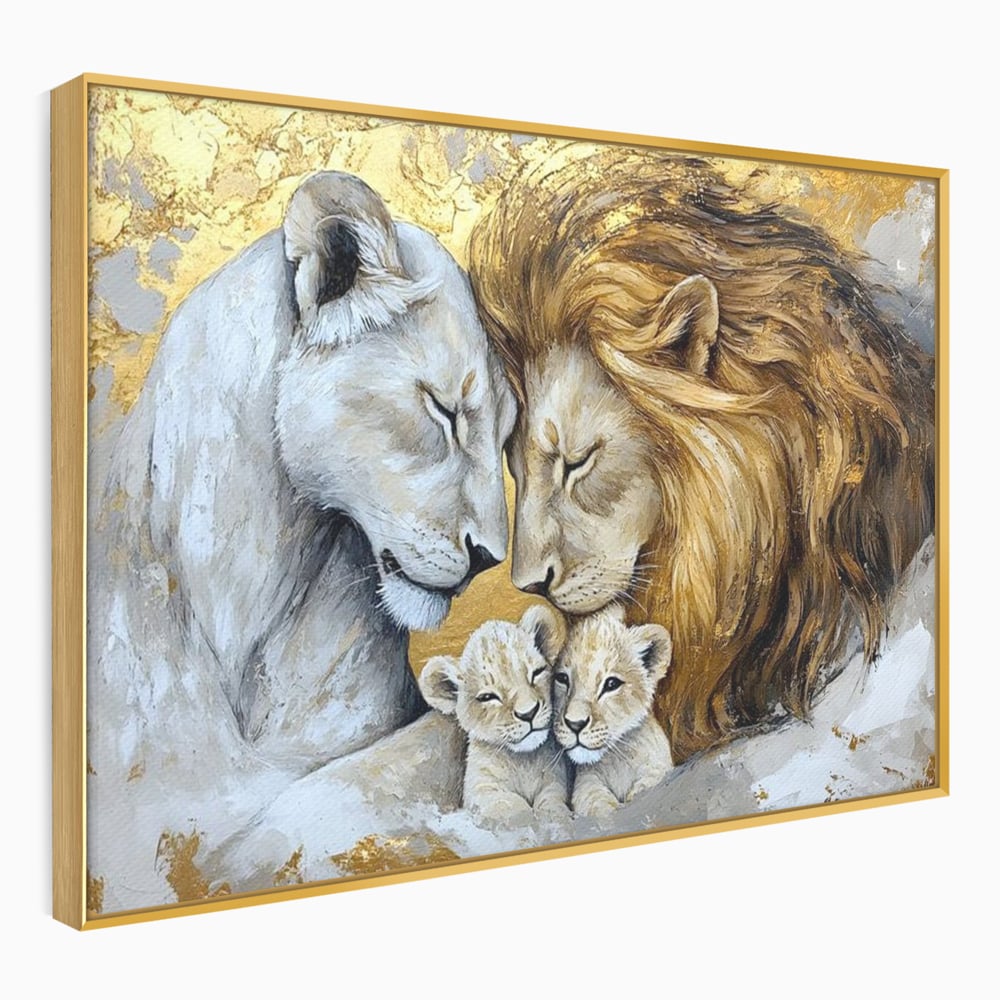 Leinwandbilder Premium, LuxCanva® M1360, Ewige Bindung, Familie, Löwen, Huhn, Liebe, Zärtlichkeit, Schutz, Dynastie, Tiere, Geschwister, königlich, golden, königlich, Malerei, Büro, Wohnen, Kinderzimmer