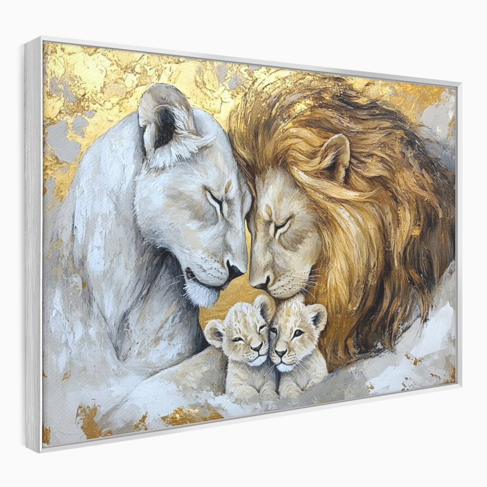 Leinwandbilder Premium, LuxCanva® M1360, Ewige Bindung, Familie, Löwen, Huhn, Liebe, Zärtlichkeit, Schutz, Dynastie, Tiere, Geschwister, königlich, golden, königlich, Malerei, Büro, Wohnen, Kinderzimmer