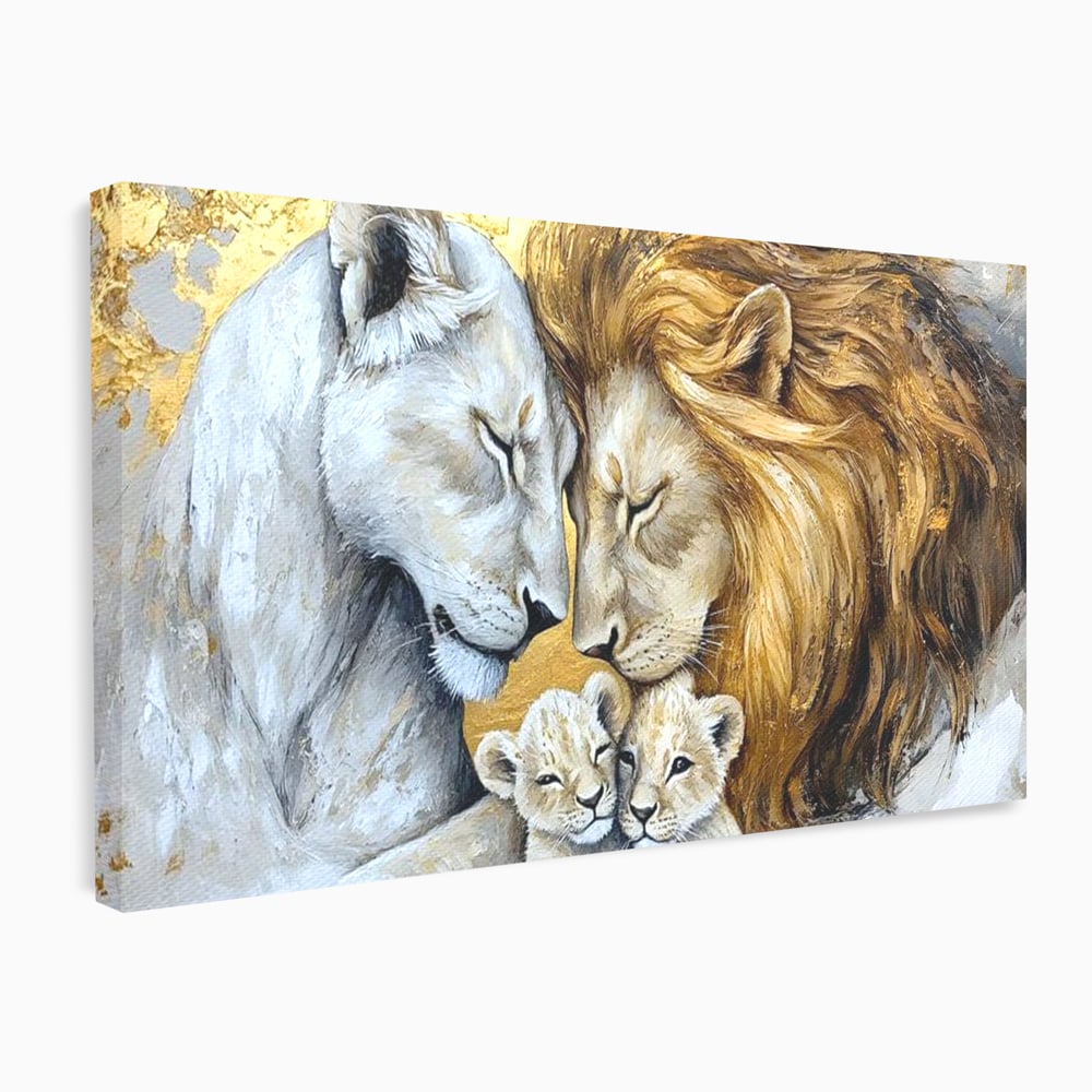Leinwandbilder Premium, LuxCanva® M1360, Ewige Bindung, Familie, Löwen, Huhn, Liebe, Zärtlichkeit, Schutz, Dynastie, Tiere, Geschwister, königlich, golden, königlich, Malerei, Büro, Wohnen, Kinderzimmer