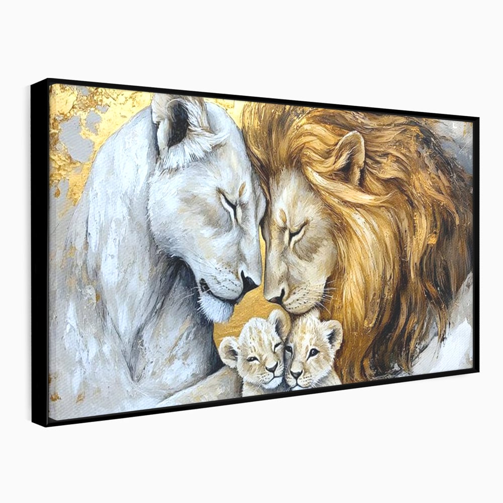 Leinwandbilder Premium, LuxCanva® M1360, Ewige Bindung, Familie, Löwen, Huhn, Liebe, Zärtlichkeit, Schutz, Dynastie, Tiere, Geschwister, königlich, golden, königlich, Malerei, Büro, Wohnen, Kinderzimmer