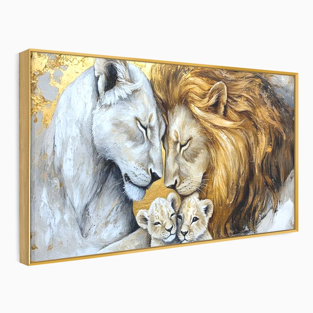 Leinwandbilder Premium, LuxCanva® M1360, Ewige Bindung, Familie, Löwen, Huhn, Liebe, Zärtlichkeit, Schutz, Dynastie, Tiere, Geschwister, königlich, golden, königlich, Malerei, Büro, Wohnen, Kinderzimmer