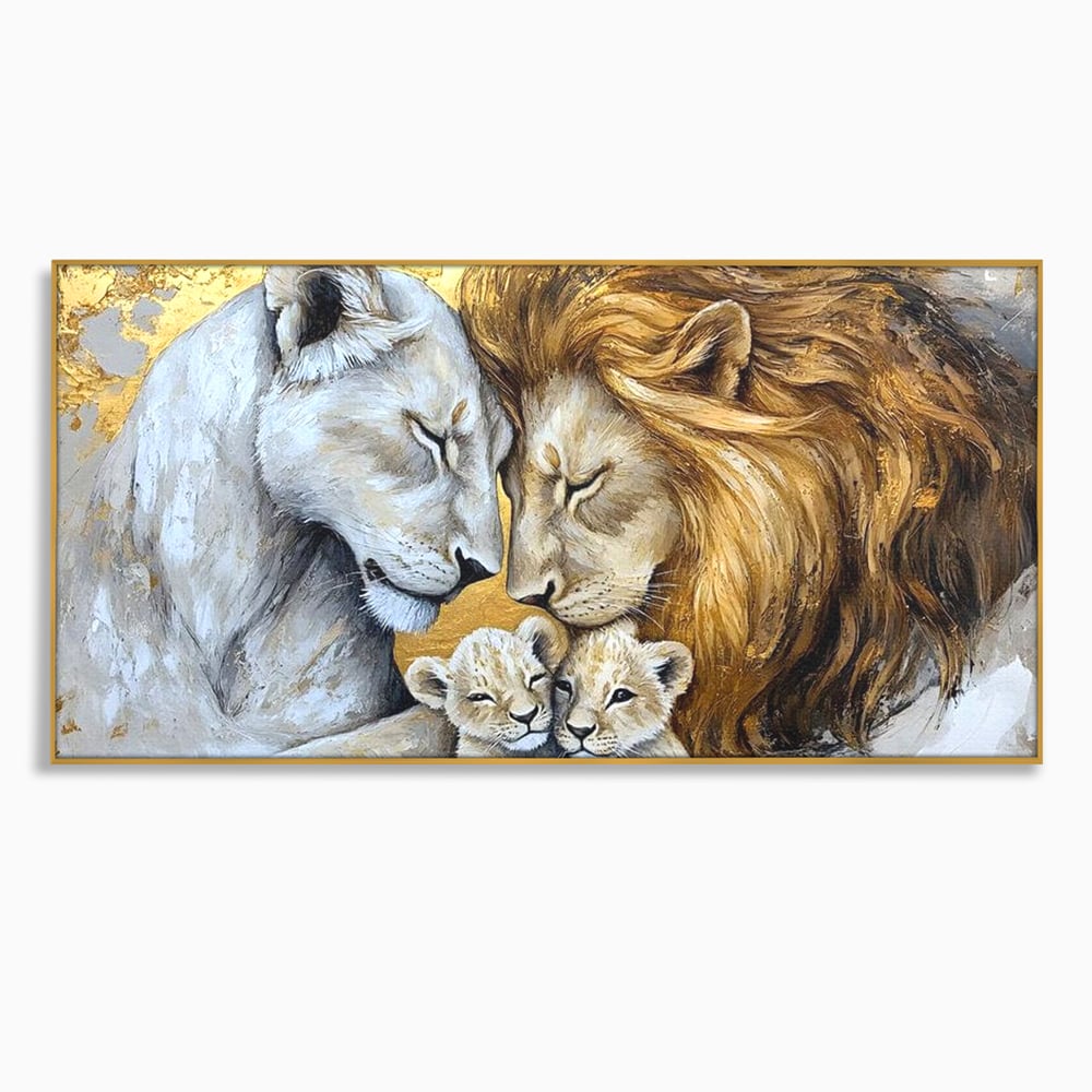 Leinwandbilder Premium, LuxCanva® M1360, Ewige Bindung, Familie, Löwen, Huhn, Liebe, Zärtlichkeit, Schutz, Dynastie, Tiere, Geschwister, königlich, golden, königlich, Malerei, Büro, Wohnen, Kinderzimmer