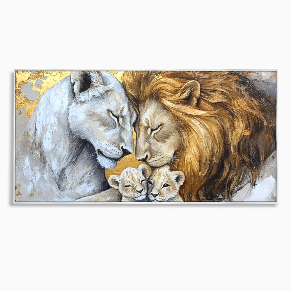 Leinwandbilder Premium, LuxCanva® M1360, Ewige Bindung, Familie, Löwen, Huhn, Liebe, Zärtlichkeit, Schutz, Dynastie, Tiere, Geschwister, königlich, golden, königlich, Malerei, Büro, Wohnen, Kinderzimmer