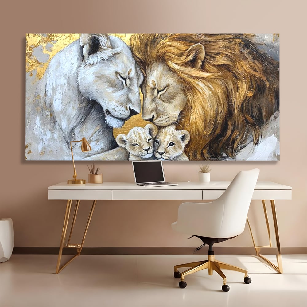 Leinwandbilder Premium, LuxCanva® M1360, Ewige Bindung, Familie, Löwen, Huhn, Liebe, Zärtlichkeit, Schutz, Dynastie, Tiere, Geschwister, königlich, golden, königlich, Malerei, Büro, Wohnen, Kinderzimmer