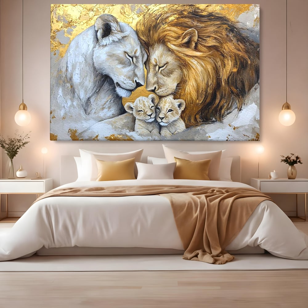 Leinwandbilder Premium, LuxCanva® M1360, Ewige Bindung, Familie, Löwen, Huhn, Liebe, Zärtlichkeit, Schutz, Dynastie, Tiere, Geschwister, königlich, golden, königlich, Malerei, Büro, Wohnen, Kinderzimmer