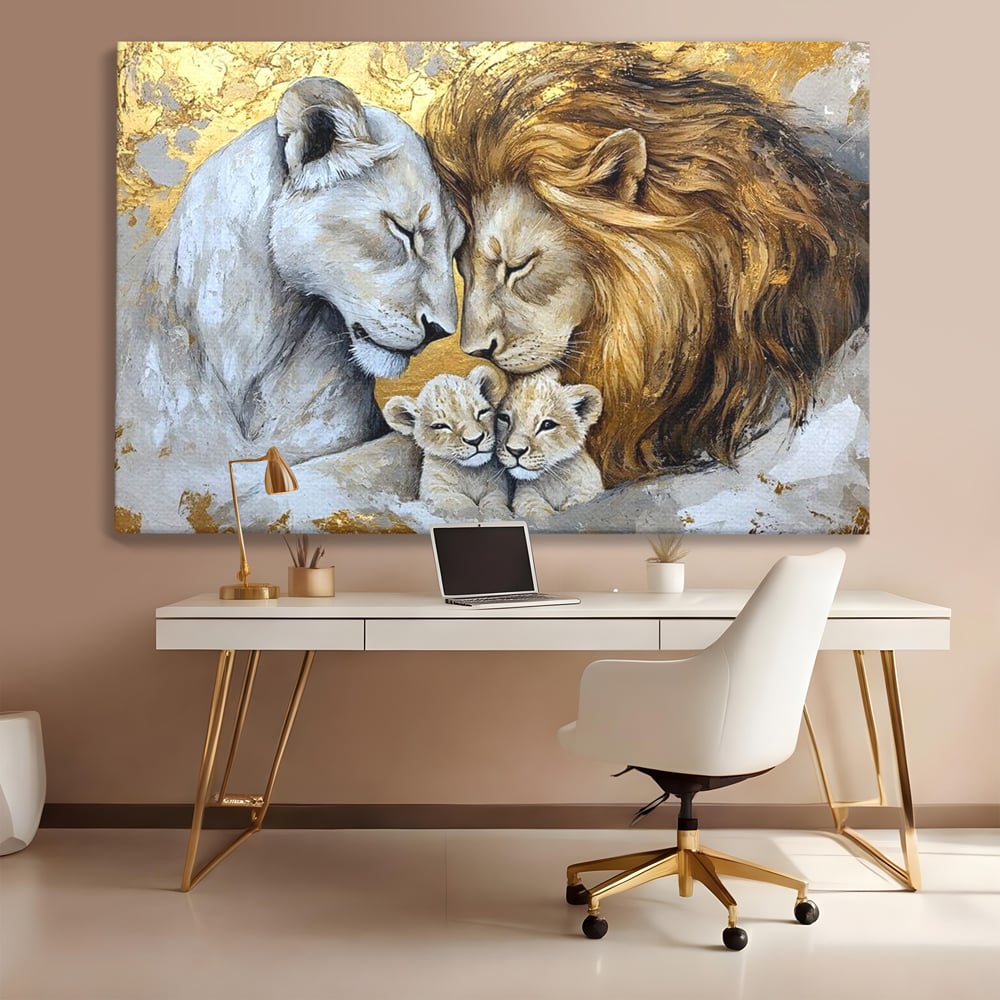 Leinwandbilder Premium, LuxCanva® M1360, Ewige Bindung, Familie, Löwen, Huhn, Liebe, Zärtlichkeit, Schutz, Dynastie, Tiere, Geschwister, königlich, golden, königlich, Malerei, Büro, Wohnen, Kinderzimmer