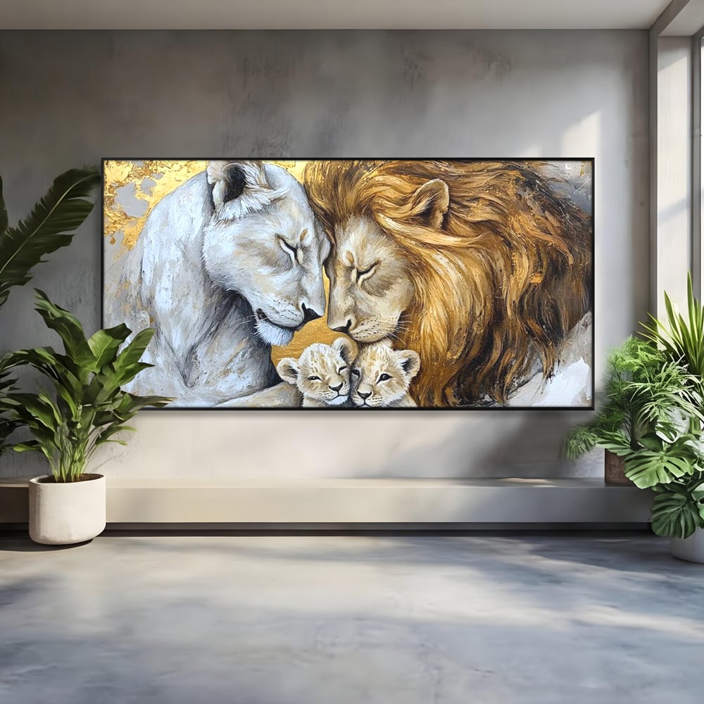 Leinwandbilder Premium, LuxCanva® M1360, Ewige Bindung, Familie, Löwen, Huhn, Liebe, Zärtlichkeit, Schutz, Dynastie, Tiere, Geschwister, königlich, golden, königlich, Malerei, Büro, Wohnen, Kinderzimmer