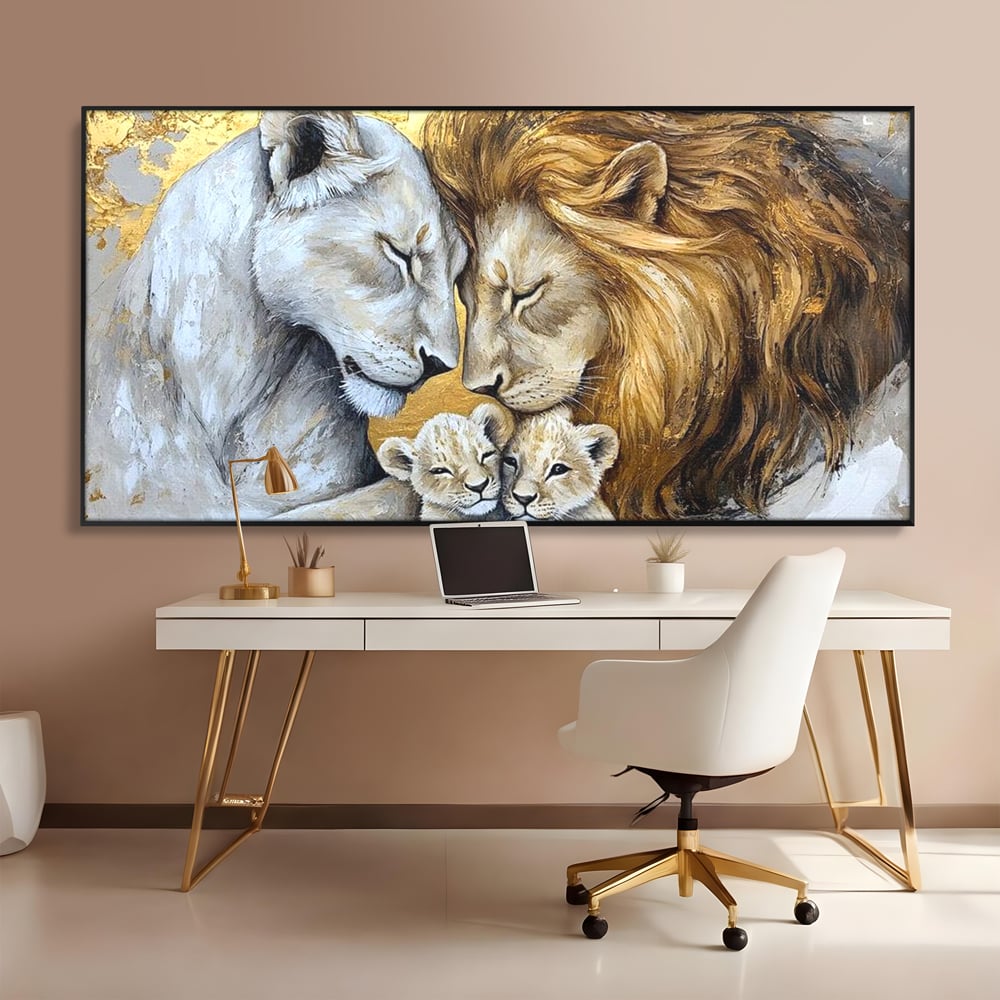 Leinwandbilder Premium, LuxCanva® M1360, Ewige Bindung, Familie, Löwen, Huhn, Liebe, Zärtlichkeit, Schutz, Dynastie, Tiere, Geschwister, königlich, golden, königlich, Malerei, Büro, Wohnen, Kinderzimmer